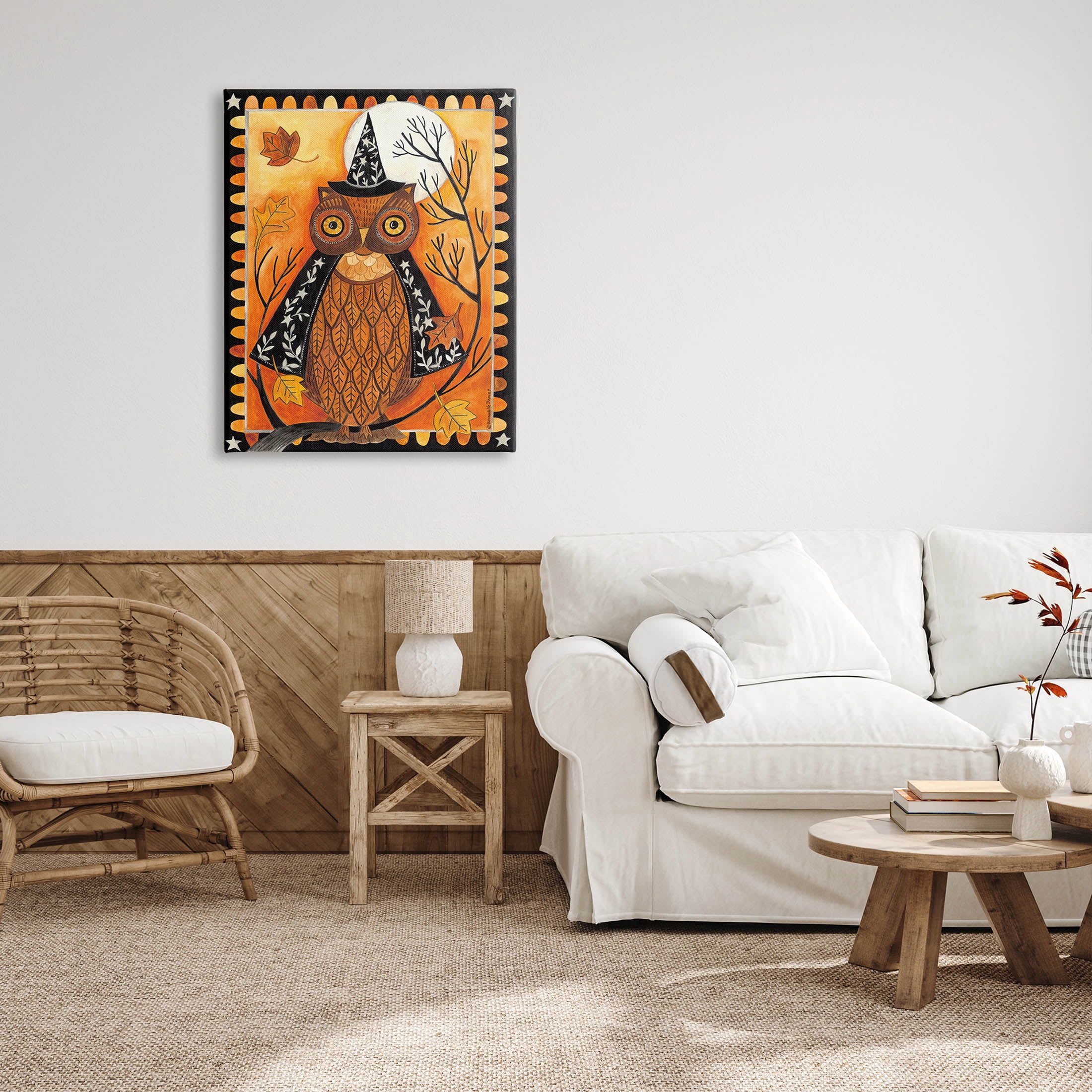 Seasonal Autumn Owl Moonlit Night Holiday Graphic Art Gallery Wrapped Canvas Print Wall Art
