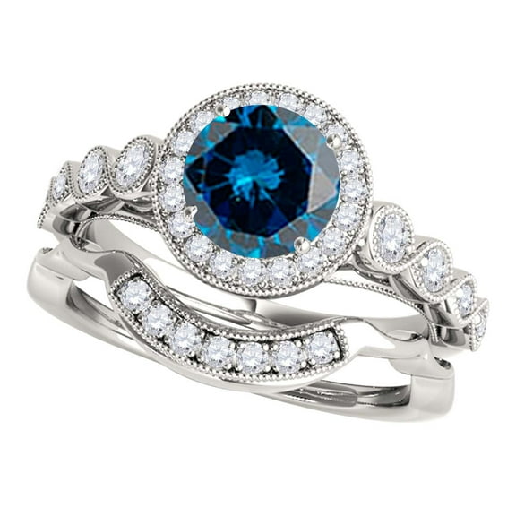Mauli Jewels Engagement Rings for Women 1.40 Carat Halo Blue Diamond Bridal Set Prong-Setting 14k White Gold