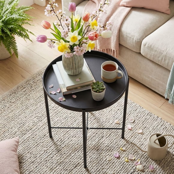 Buro Mesa de Centro Blanca con Bandeja Mesa Auxiliar de Metal,Negro FurnitureR Moderno