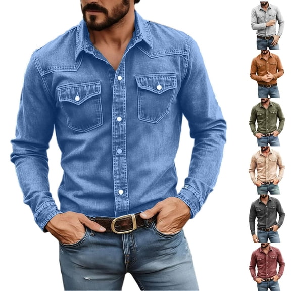 akafmk Mens Denim Western Shirts Long Sleeve Button Front Snap Shirt Solid Fashionable Casual Work Shrits, Size L