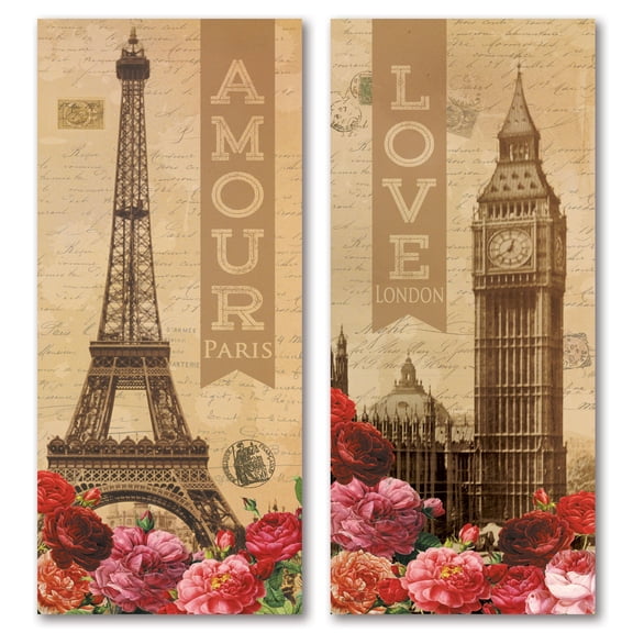 Gango Home Decor Red and Brown Floral Eiffel Tower and Big Ben Teen Decor; 2 - 8" x 18" Un-Framed Posters