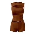 thumbnail image 5 of Arlun Women's 2 Piece Outfits Sleeveless Crew Neck Cut out Crop Top Bodycon Shorts Set Y2k Solid Color Stretchy Slim Fitted Summer Matching Sets for Night out Club Party Wear Brown M, 5 of 6