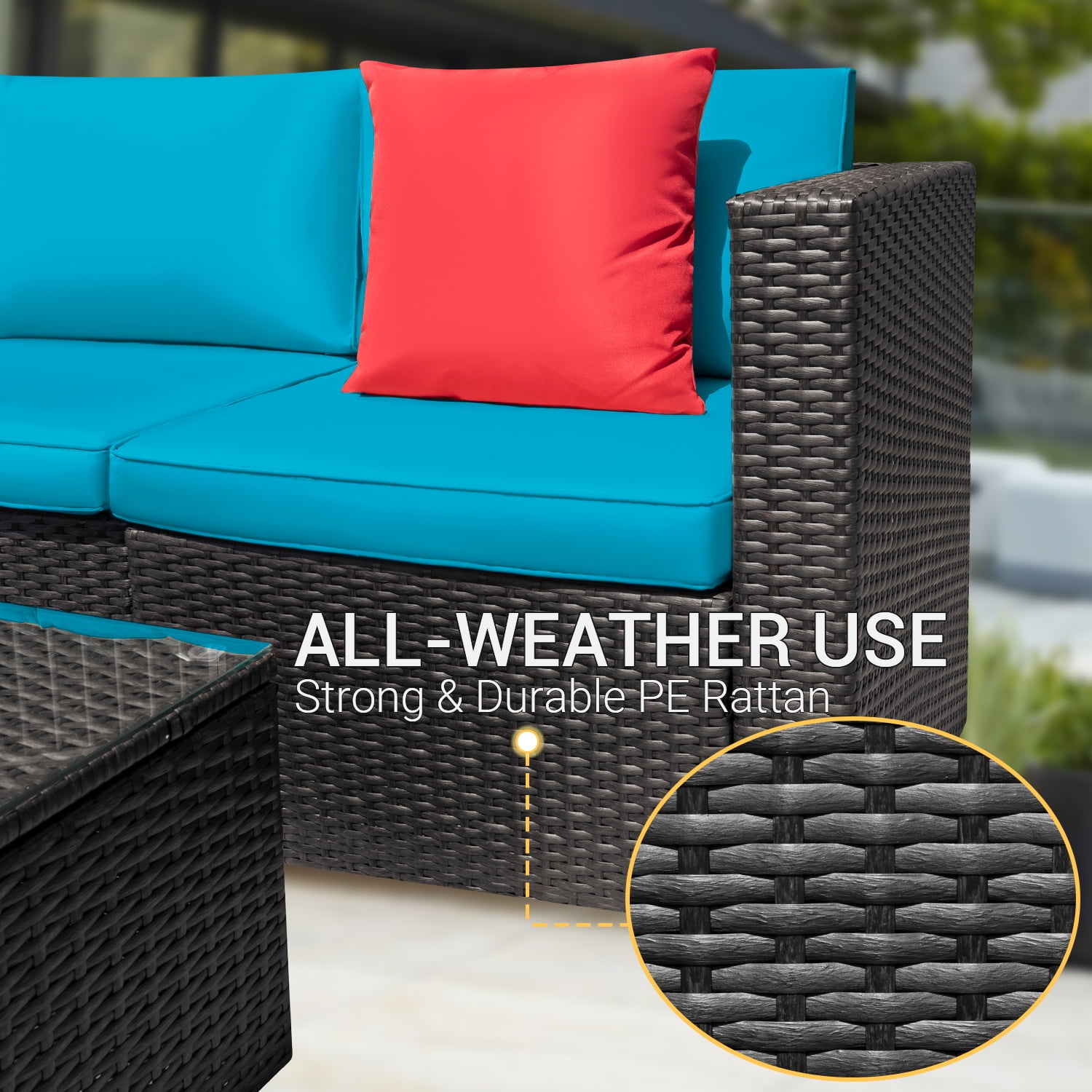Devoko 5 Pieces Patio Sectional Set Outdoor Rattan Sofa with Glass Table, Blue
