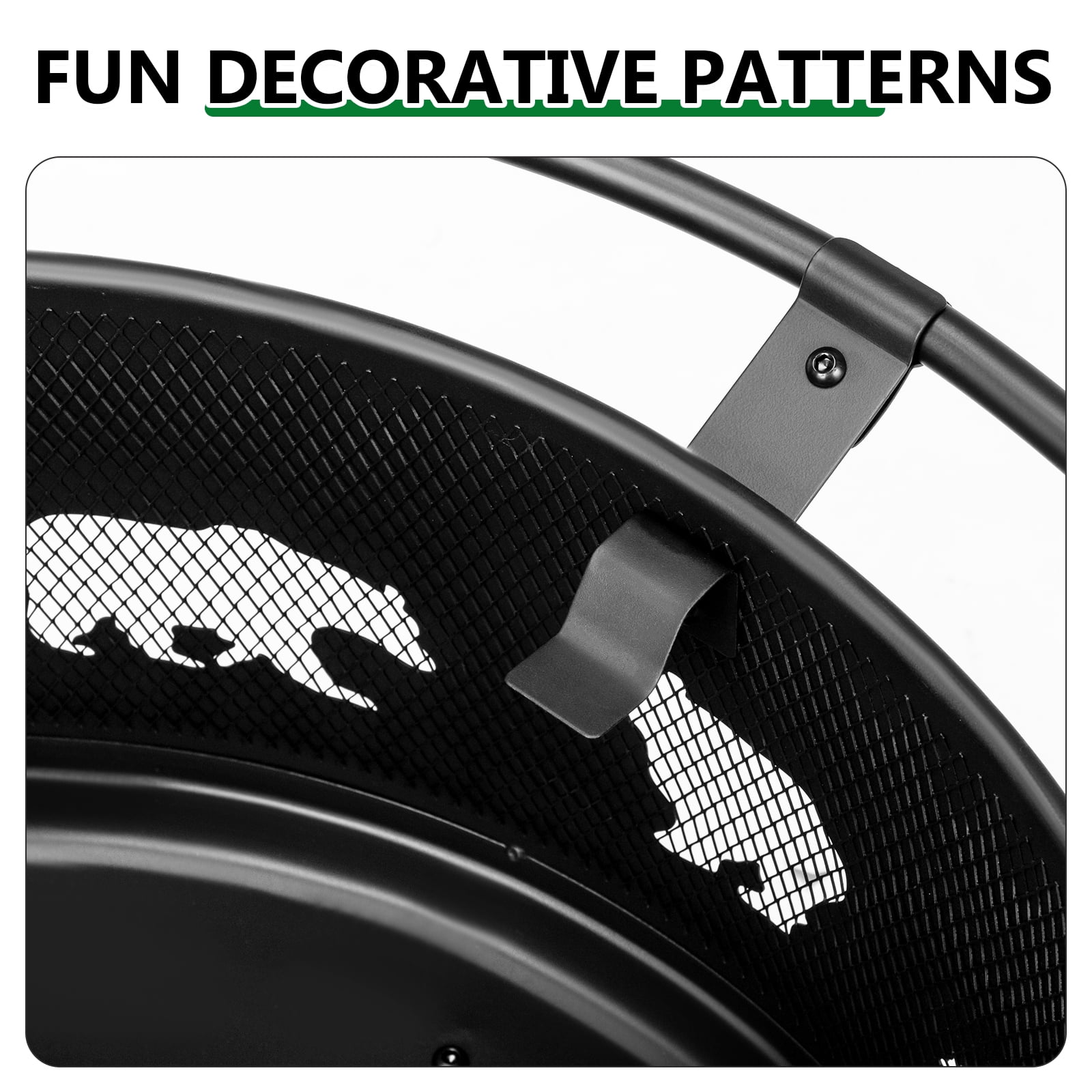 30 Inch Round Outdoor Wood Burning Fire Pit, Heavy Duty Wrought Iron Firepit with Hinged Spark Screen Lid & Lift Ring, Decorative Bear Cutout Patio Fire Pit for Backyard, Garden, Lawn and Camping