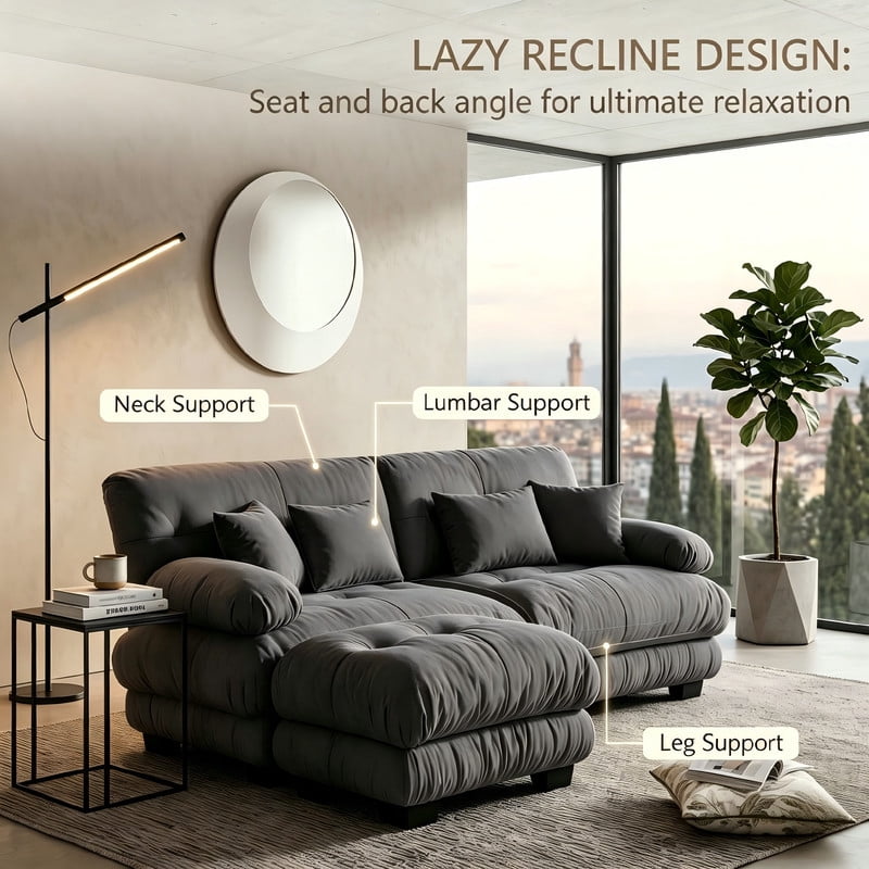 ANPPORT Cloud Couch Sleeper Sofa, Chenille Gray 2-Seater Modular Sofa with 1 Ottomans, 2 Lumbar pillows, 2 Pillows, Comfy Deep Seat Cloud Sofa, Convertible L-Shaped Floor Couch for Living Room