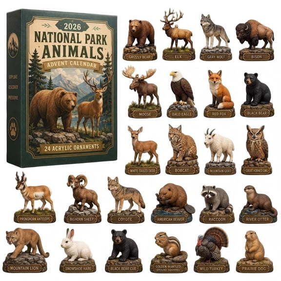 CQHVKQ Christmas National Parks Advent Calendar 2026, 24 Days Christmas Countdown Calendar of Wild Places Keepsakes, 2D Acrylic Animals Ornaments Advent Calendar for Nature Lover Gifts, Xmas Tree