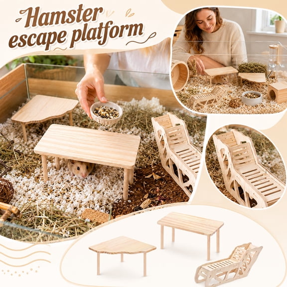 Hamster Cage Accessories Set with Hamster Platform Hamster Hideout and Hamster Tunnel Wood Small Pet Supplies for Small Animals Compatible with Gerbil Mouse and Rat Habitats for