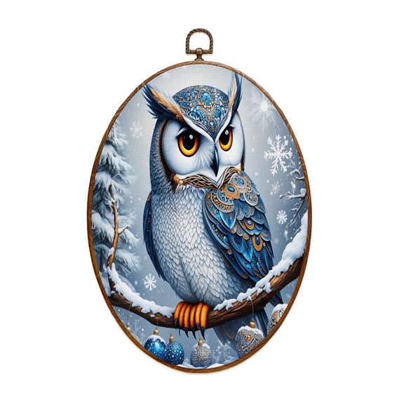 Owl Canvas Wall Art Owl Diamond Art Rhinestone Gem Art Home Decor Snowflakes Winter Branches Oval Framed Canvas Prints Vintage Wall Hanging Decor for Home Decorations 8.6"x11.4"