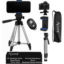 Acuvar 50" Inch Aluminum Camera Tripod with Universal Smartphone Mount   Bluetooth Wireless Remote Control Camera Shutter For all iPhone, Samsung and Most Smartphones