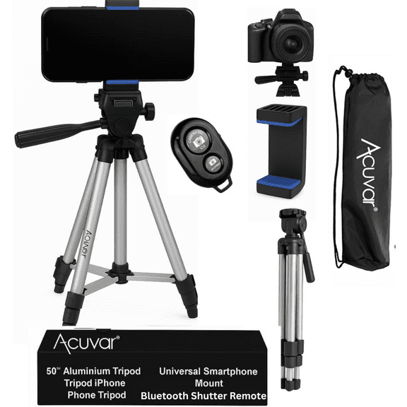 Acuvar 50" Inch Aluminum Camera Tripod with Universal Smartphone Mount + Bluetooth Wireless Remote Control Camera Shutter For all iPhone, Samsung and Most Smartphones