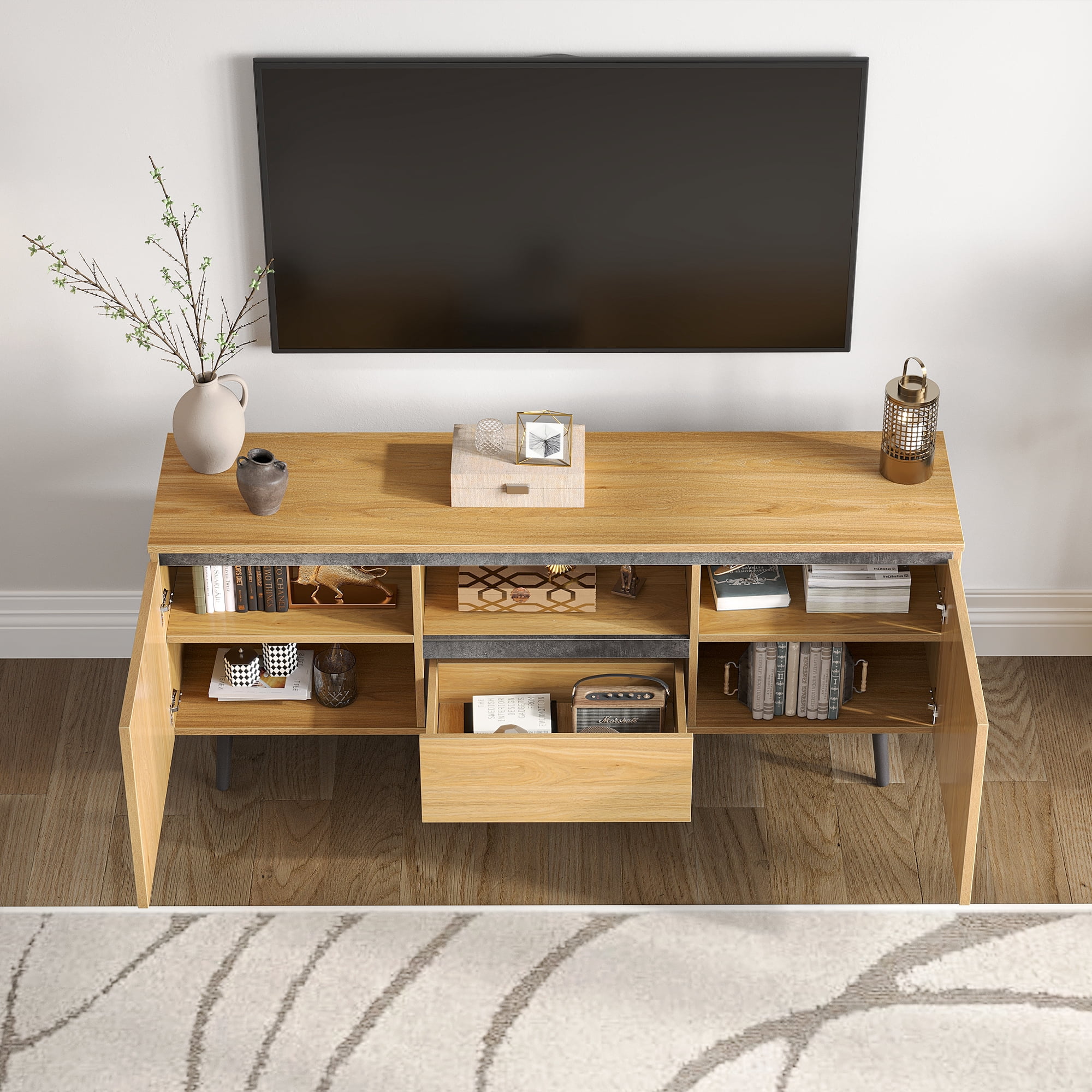 Dextrus Farmhouse TV Stand Wood TV Media Console Entertainment Center with LED Lights for TVs Up to 65 inch