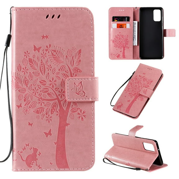 Dteck Case for Samsung Galaxy S20 FE (6.5 inches),Tree Patterned Magnetic Leather Strap Wallet Card Holder Flip Cover Protective Shockproof Kickstand S20 FE 5G Phone Case ,Pink