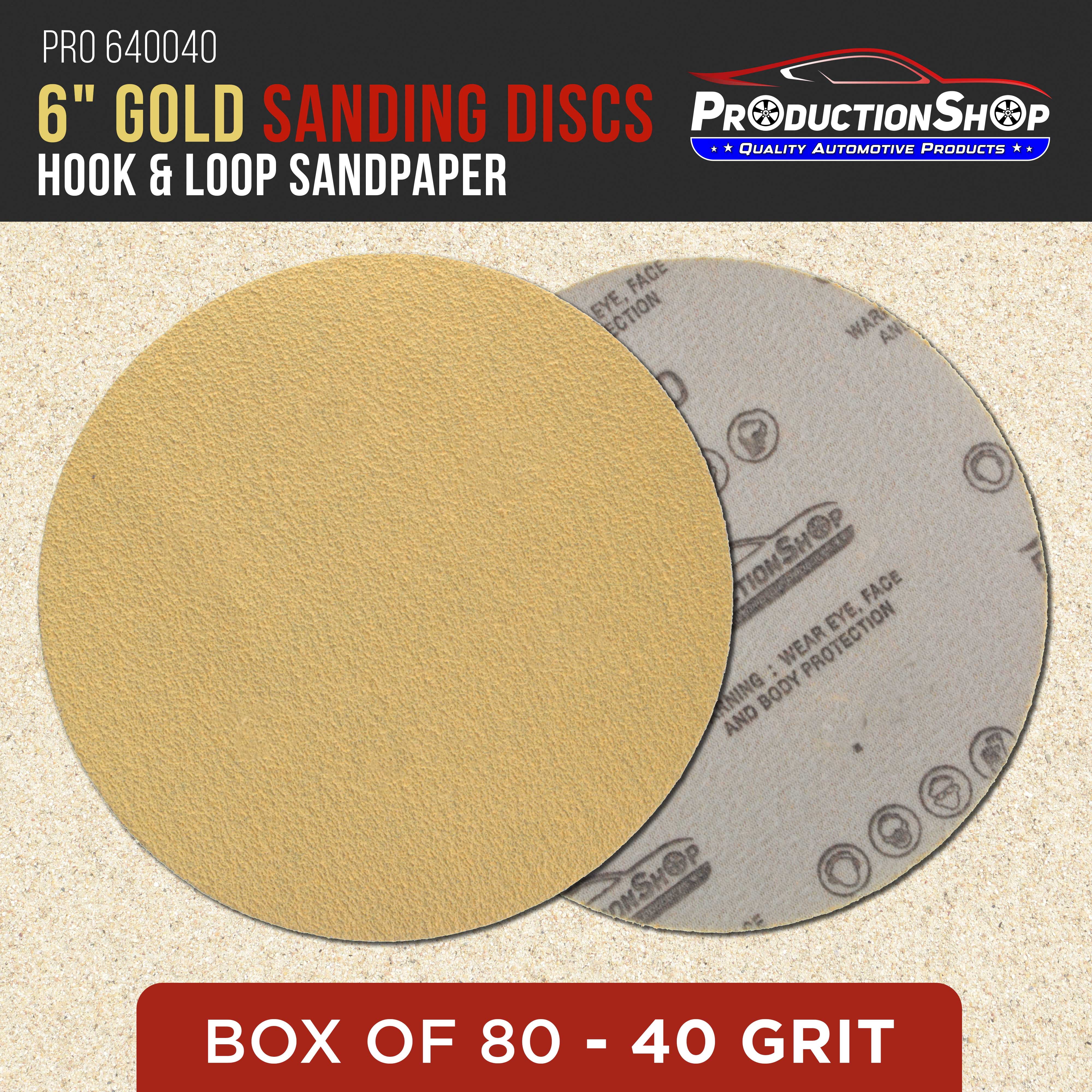 ProductionShop Premium 40 Grit 6" Gold Sanding Discs, Box of 80 - Hook & Loop Backing Abrasive Sandpaper for DA & Random Orbital Sanders - Sand Auto Paint, Metal, Wood, Woodworking Furniture