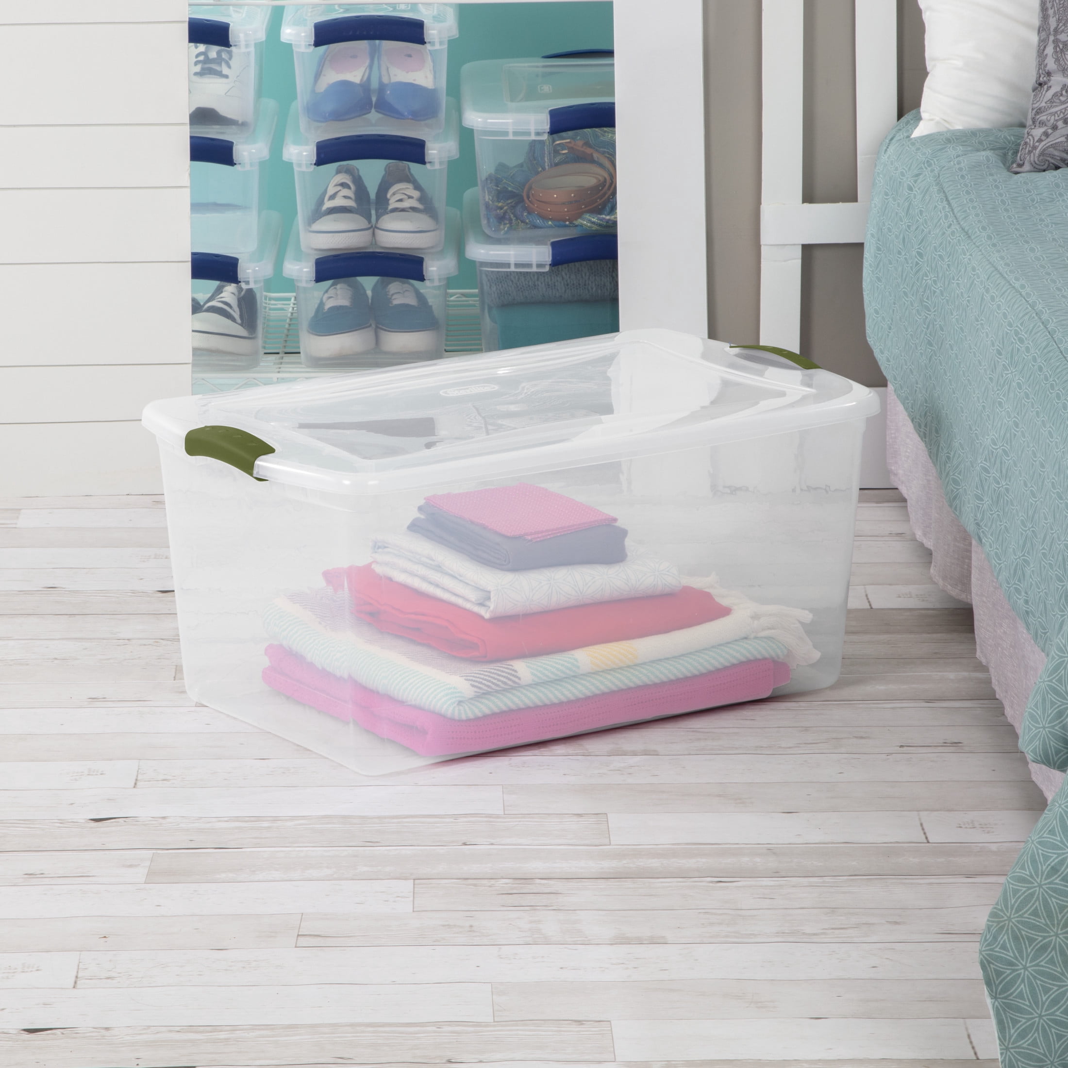 Sterilite 62 Liter Latch Box, Clear Plastic Storage Bin with Lid, Green Latch
