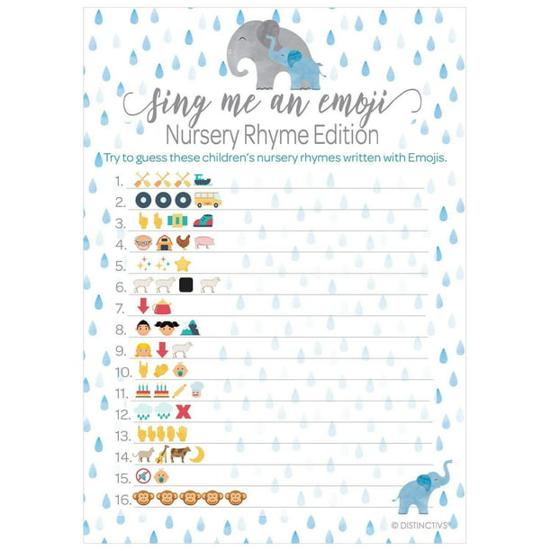 Blue Elephant Baby Shower Party Nursery Rhyme Emoji Game - 20 Cards -  Distinctivs 