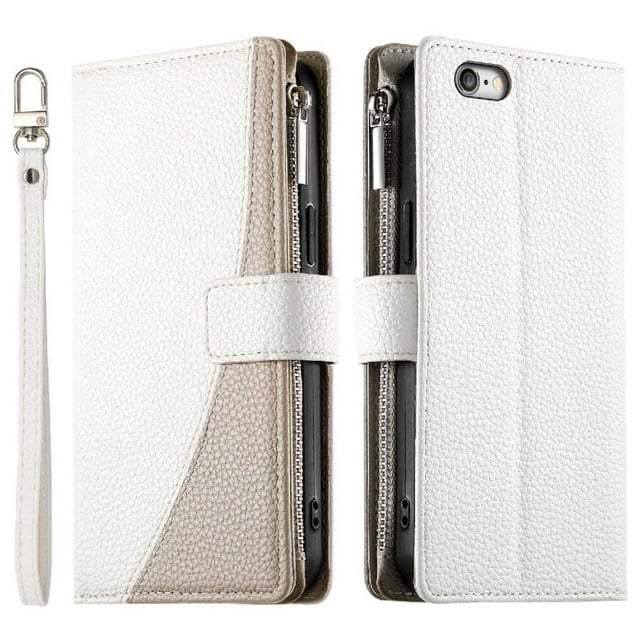 Funda cartera GANGXUN para iPhone 7 Plus/8 Plus , cuero PU con tarjetero, cremallera, correa de mano, soporte y protección 543°