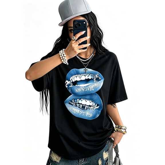 Women's Oversized Black T-Shirt with Blue Double Lips Graphic, Loose Fit Casual Tee Top