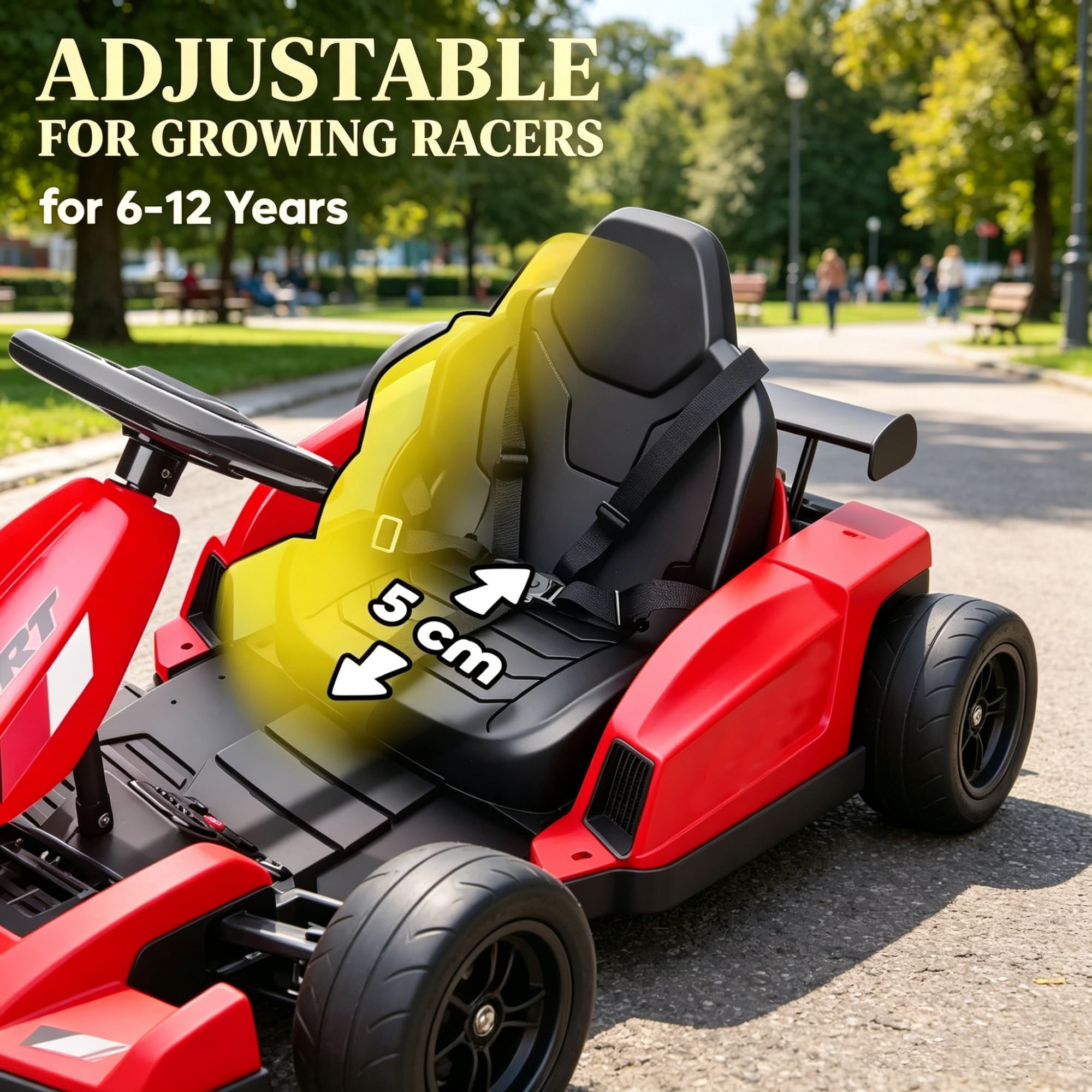 24V Electric Go Kart, Dual 150W Motors, Adjustable Seat, 11.2MPH High Speed, Slow Start, 5-Point Safety Harness, Red