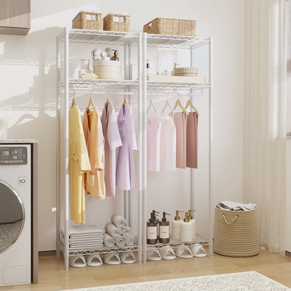 Kojooin Freestanding Clothes Rack with Adjustable Shelves, Compact Heavy Duty Closet System for Dorm, Corner or Bedroom