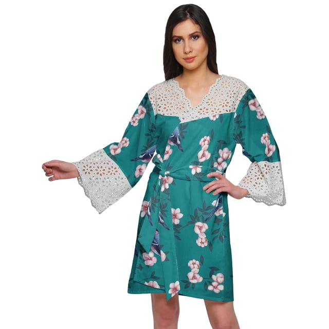 Moomaya Printed Cotton Venice Lace Bridesmaid Robe Short Robes For Women