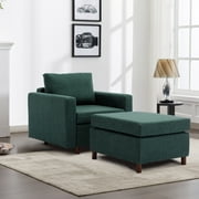Primary Living Space Linen Sofa Sectional in Modern Green, Wooden Armrest, Ottoman Included, Non-Removable and Non-Washable Cushions