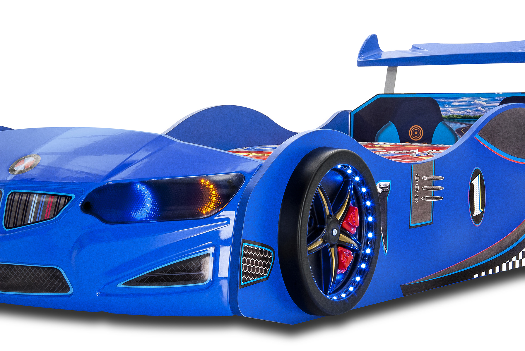 Super Car Beds GT1 Kids Twin Wood ABS Novelty Bed with LEG Light & Sound, Blue