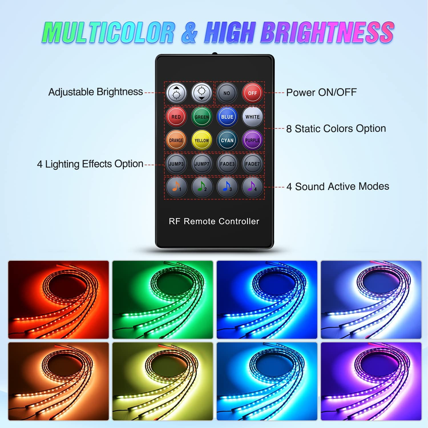 4PCS Car Underglow Neon Accent Strip Lights LED RGB 8 Color Sound Active Function Music Mode with Wireless Remote Control Underbody Light Strips for Cars Van SUV Truck