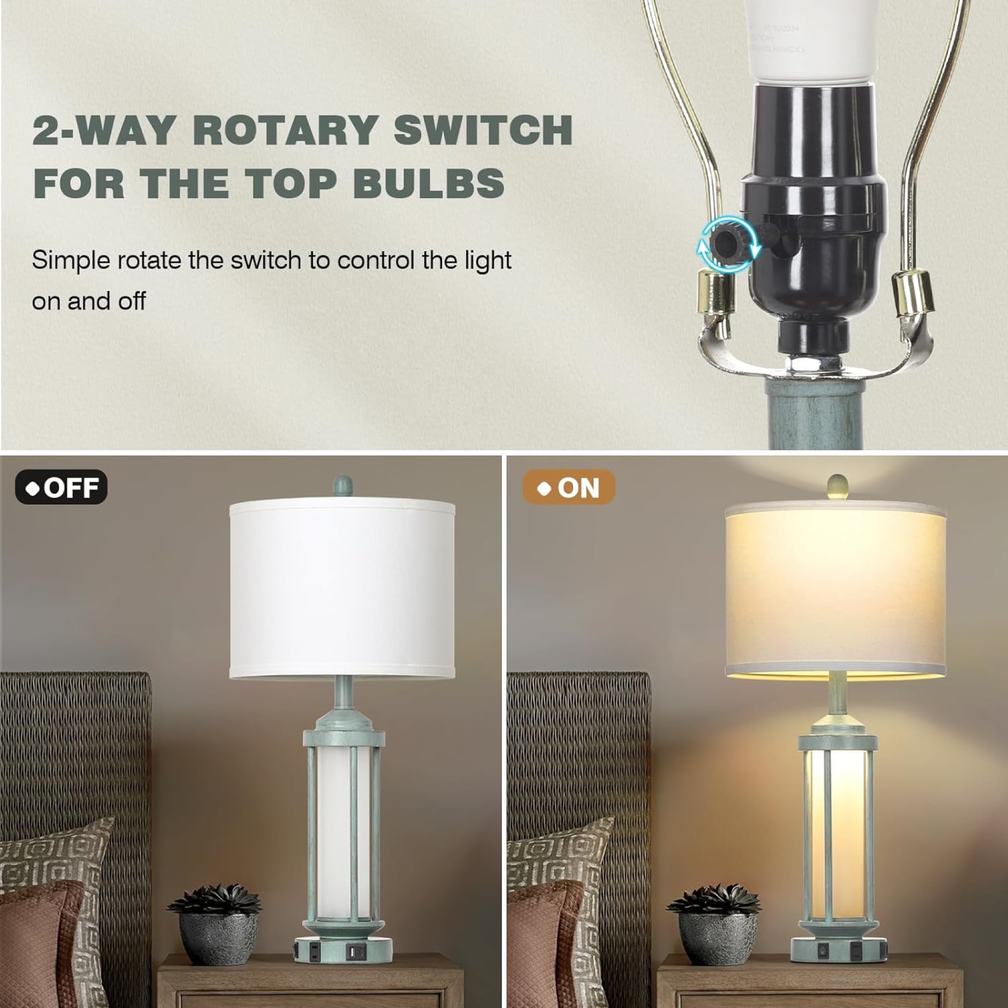 Cinkeda Industrial Table Lamps Set of 2 for Living Room Bedroom Coastal Blue Bedside Nightstand Lamp with USB A+C Ports AC Outlet Glass Nightlight