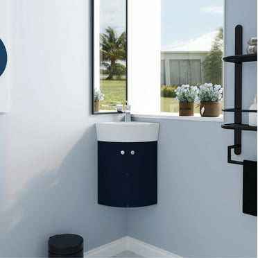 Bathroom Vanity Sink Combo for Small Space, Corner Bathroom Vanity Sink with Wall Mounted Cabinet Set Design, Ceramic Sink, Navy Blue