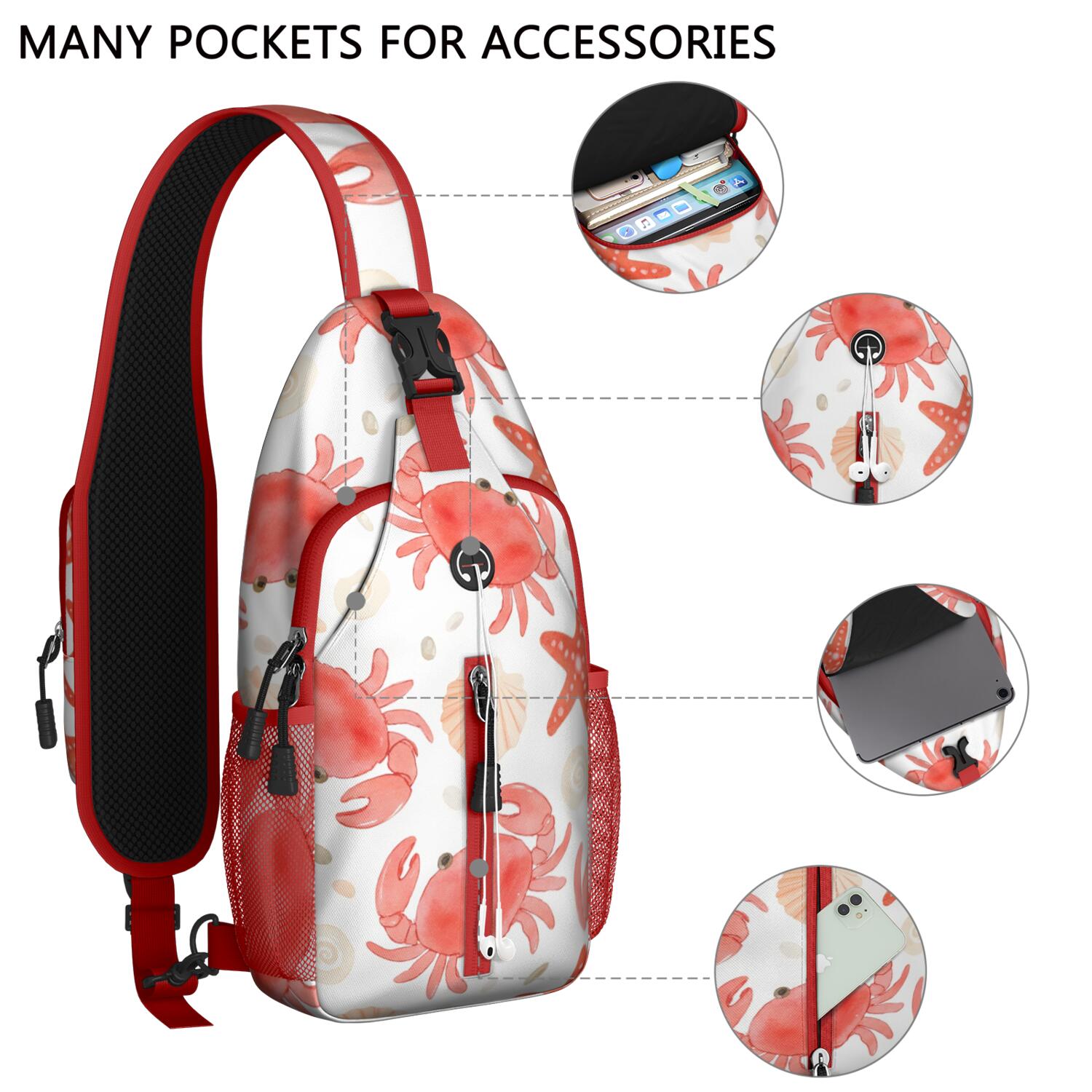 Crab Marine Sling Bag for Women Men Travel Sling Bag Chest Bag for Vacation Party Daily Use Shoulder Bag Gym Sports Travel Hiking Daypack