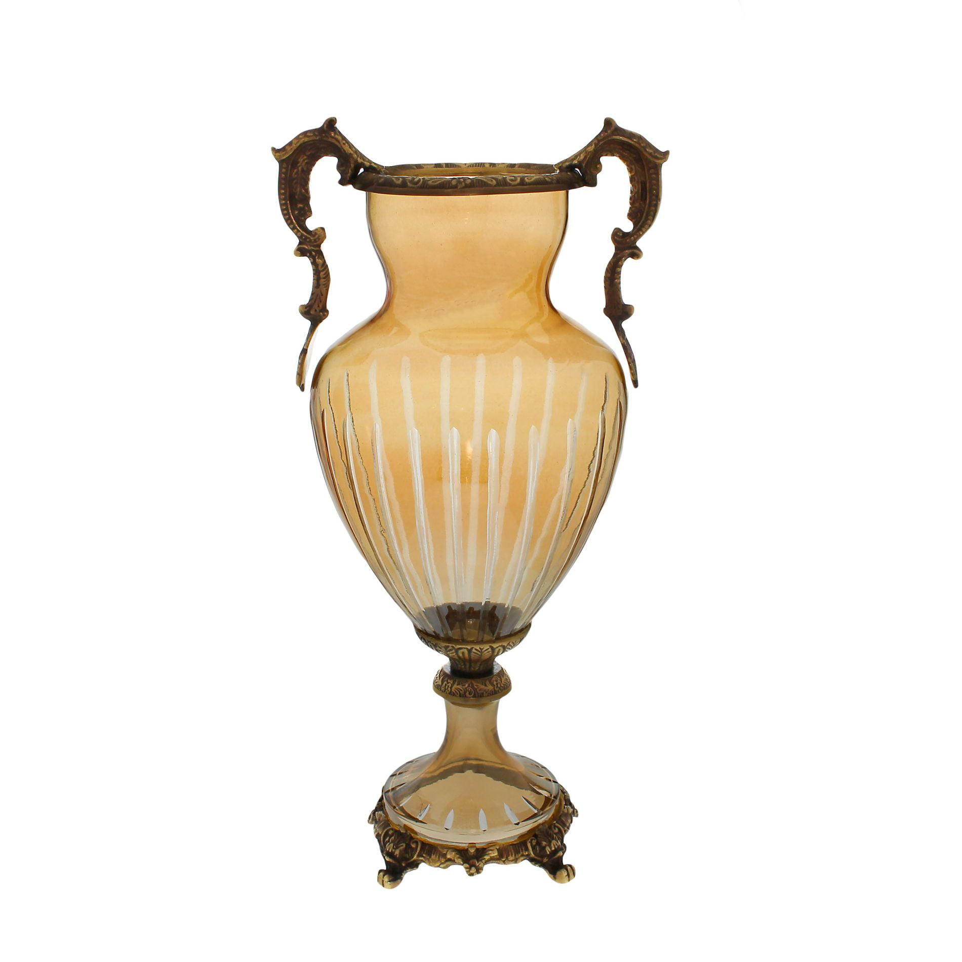 14"H Amber Floral  Decorative Handcrafted Vase Urn Bowl 