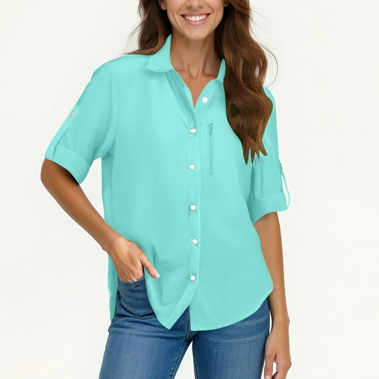 vokkrv Women's Blouses Shirts Long Sleeve Button Down Shirt White Dress Shirts Ladies Basic Blouse Tops for Work Office Business Sky Blue XL