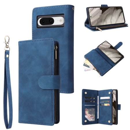 Dteck for Google Pixel 8 Wallet Case, Soft Leather Zipper Wallet Case Magnetic Buckle Flip Cover with 5 Card Slots/Photo Pocks/Lanyard Strap for Google Pixel 8 2023, blue
