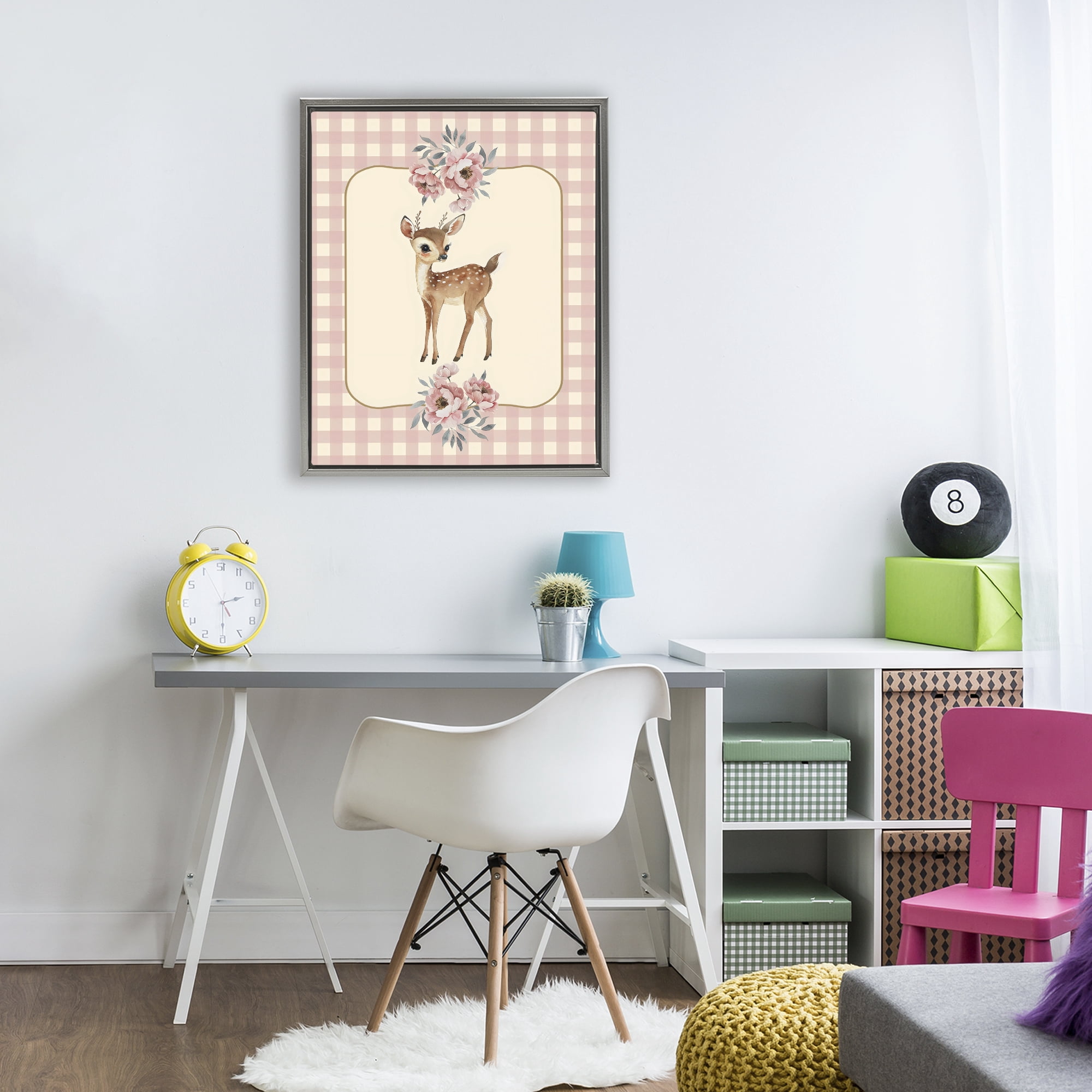 Stupell Industries Baby Deer Pink Gingham Gray Framed Floater Canvas Wall Art, design by LSR Design Studio