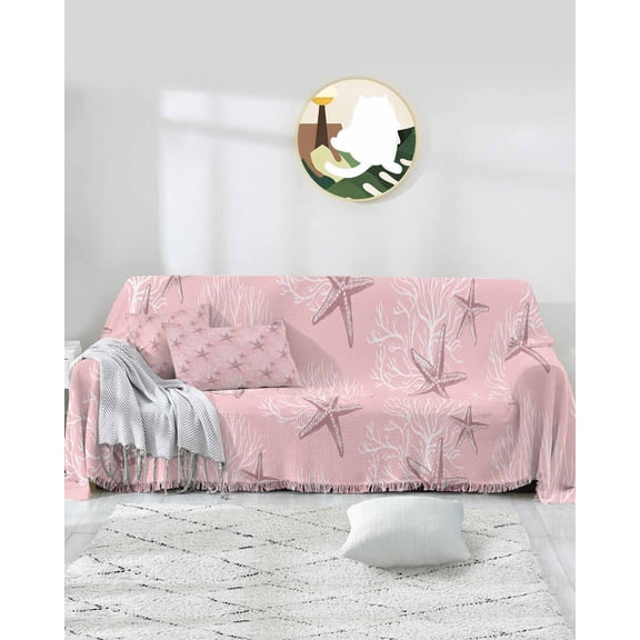 Pink Starfish Sofa Covers for 3 Cushion Couch,Washable Sectional & L Shape Couch Covers for Dog/Cat/Kid,Coastal Ocean Coral Sea Nautical Beach Non Slip Sofa Slipcover Tassel Futon Cover 71x150