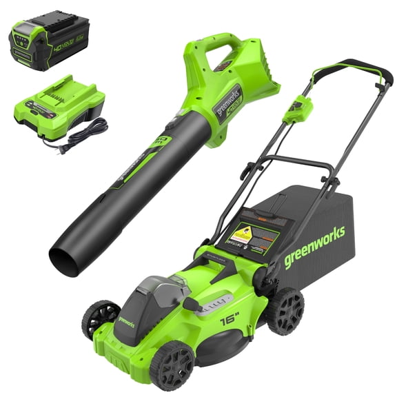 Greenworks 40V 16" Brushless Cordless Push Lawn Mower   350 CFM Blower, W/4.0Ah Battery and Charger Compatible for 75  Tools