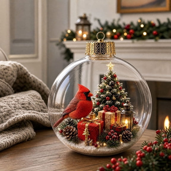 Clear Glass Christmas Ball Ornament with Cardinal Figure, Winter Scene Hanging Pendant for Holiday Tree Decor.