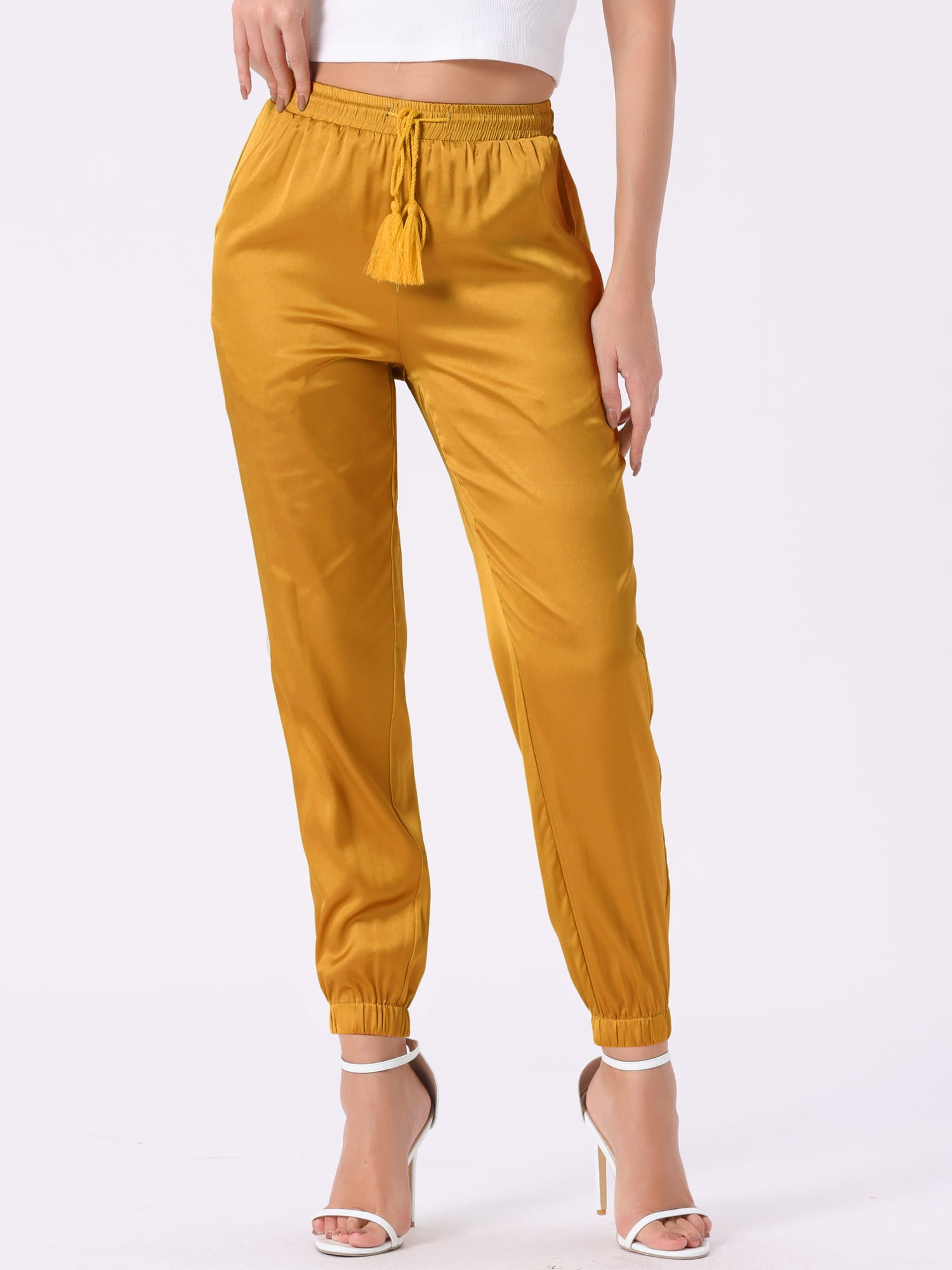DARING DIVA Women's Satin Straight Leg Ankle Length Joggers Large Gold