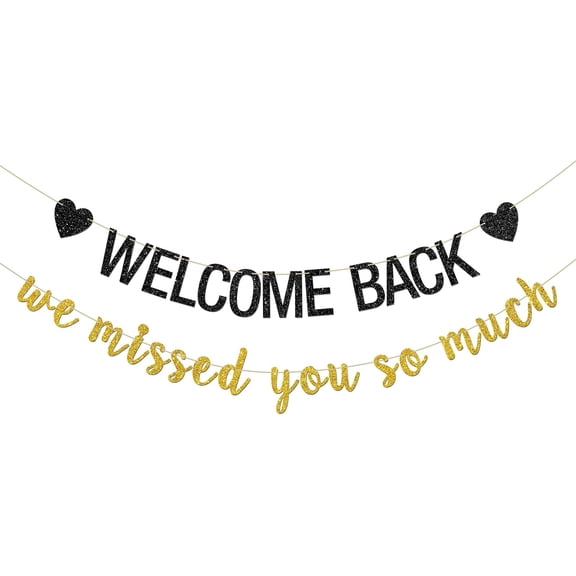 Welcome Back We Missed You So Much Banner, Homecoming Sign, Military Army Returning, Work Anniversary Party Hanging Bunting, Office Classroom Party Decorations Supplies Black Gold Glitter