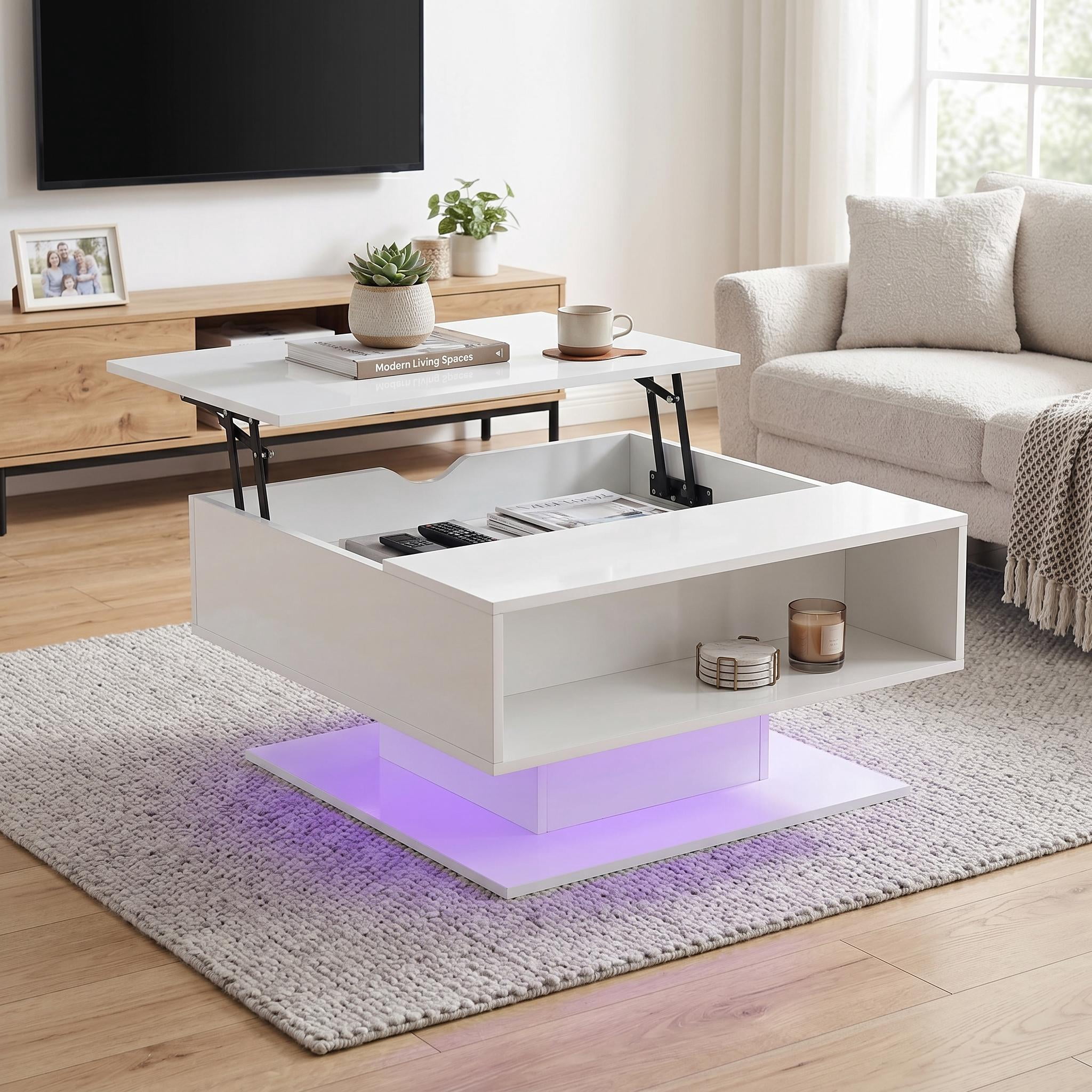 Homy Casa, table basse relevable blanche avec DEL, rangement ouvert et fini haute brillance pour salon
