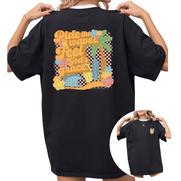 Women's Vintage "Ride The Waves Feel God's Grace" Surf Beach Graphic Breathable T Shirt Short Sleeve Round Neck Top Black S-5XL