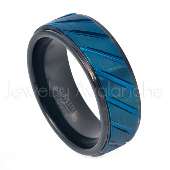 2-Tone Grooved Tungsten Ring - 8mm Brushed Blue & Black IP Comfort Fit Tungsten Carbide Anniversary Ring - TN734WAs9