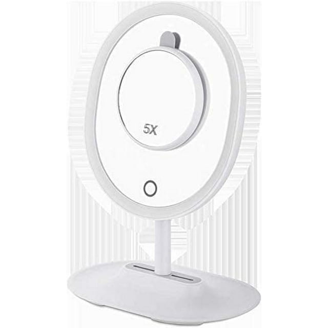Miroir de Maquillage, Miroirs de Vanité, Lumière Miroir de Vanité USB Chargeant LED Remplir la Lumière Miroir Rond Écran Tactile Luminosité Réglable Détachable 5 Fois Loupe Iluant la Batterie au Lithium