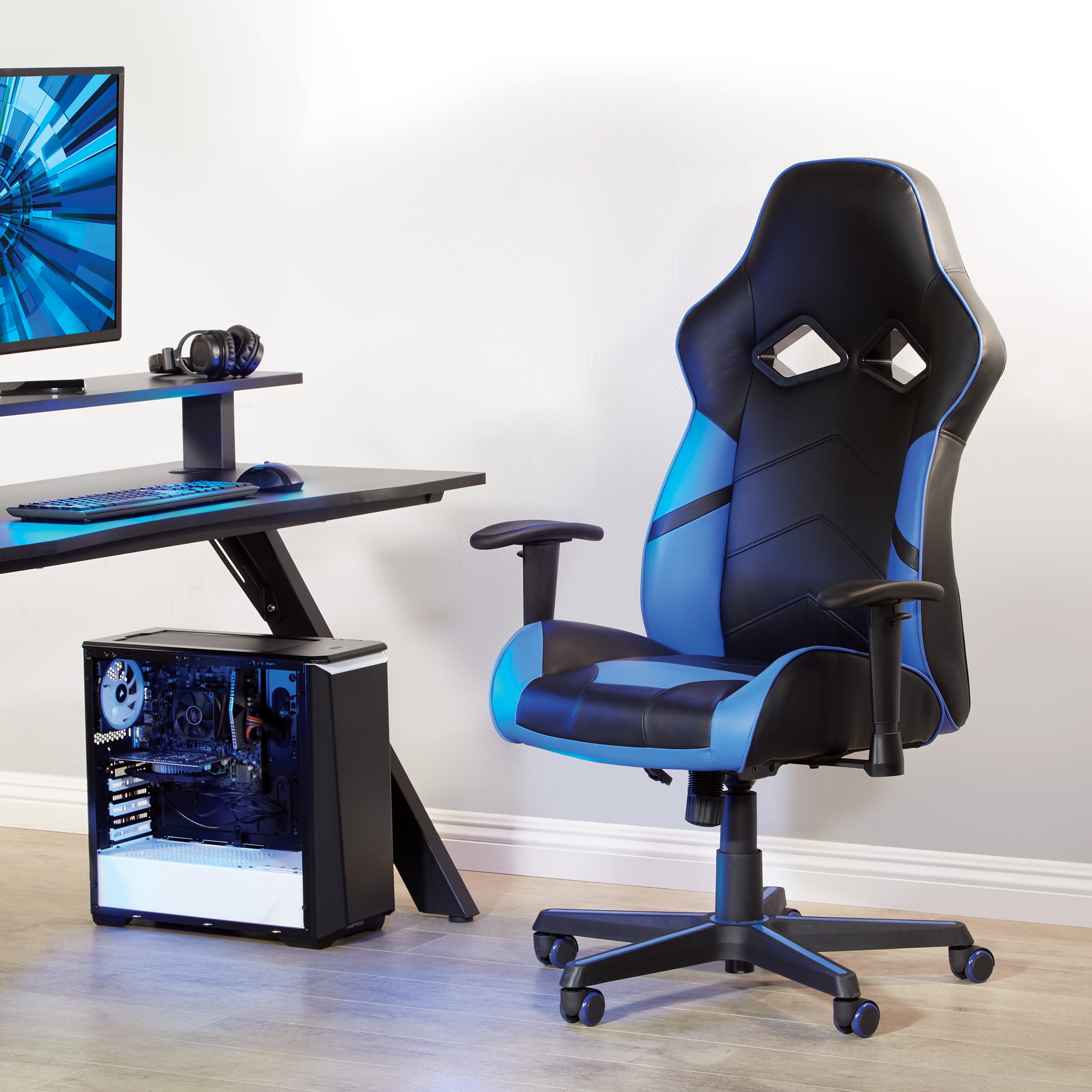 Vapor Gaming Chair in Black Faux Leather with Blue Accents