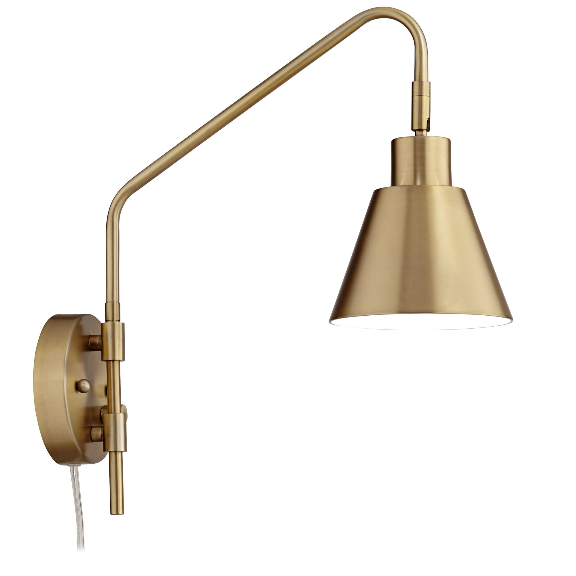 360 Lighting Marybel Modern Swing Arm Wall Lamps Set of 2 Brass Plug-in Light Fixture Tapered Metal Shade for Bedroom Bedside Living Room Reading Home