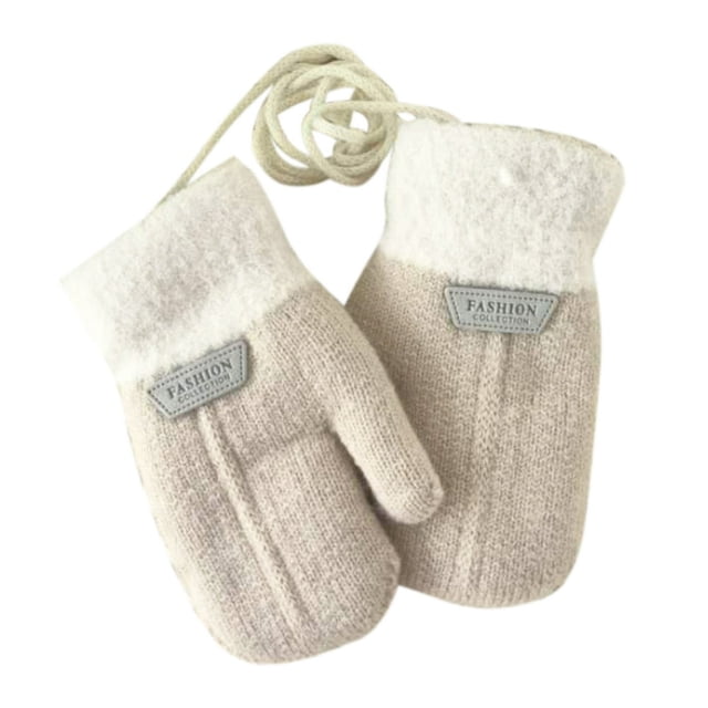 1 Pair Hanging Rope Halter Thickened Fleece Lining Winter Gloves Letter Logo Solid Color Baby Knitting Mittens