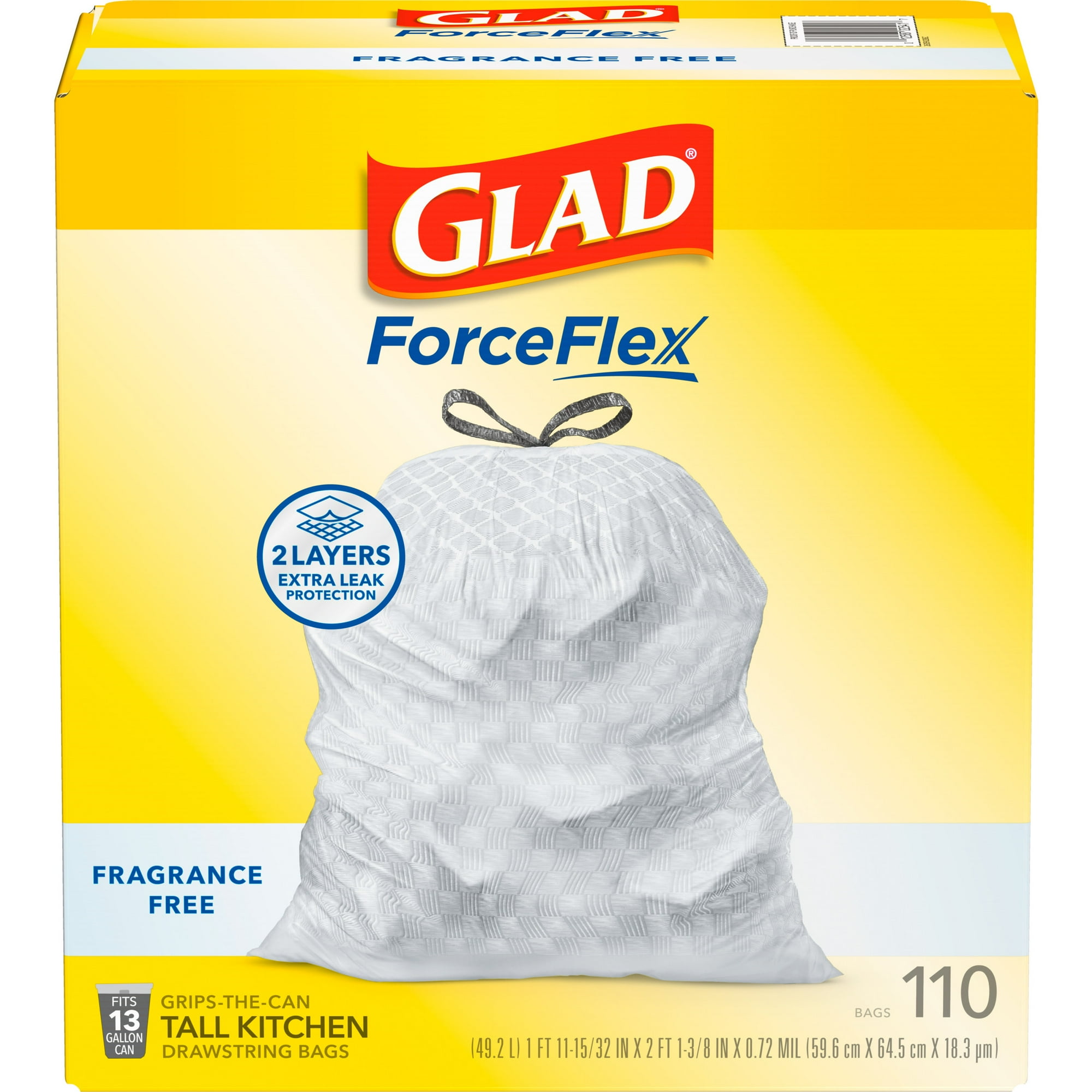 Glad ForceFlex Tall Kitchen Drawstring Trash Bags, 13 Gallon, Fragrance Free, 110 Count ( 2 Pack )