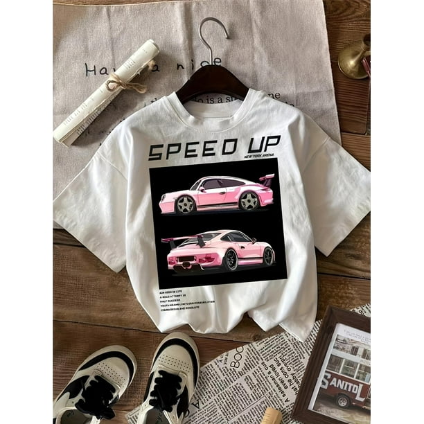 Women'S Casual Car-Themed T-Shirt- "Adventure," "Racing," "Speed Up" Graphic Tees with Sneakers & Accessories, Allseason Comfort Wear, Casual Attire