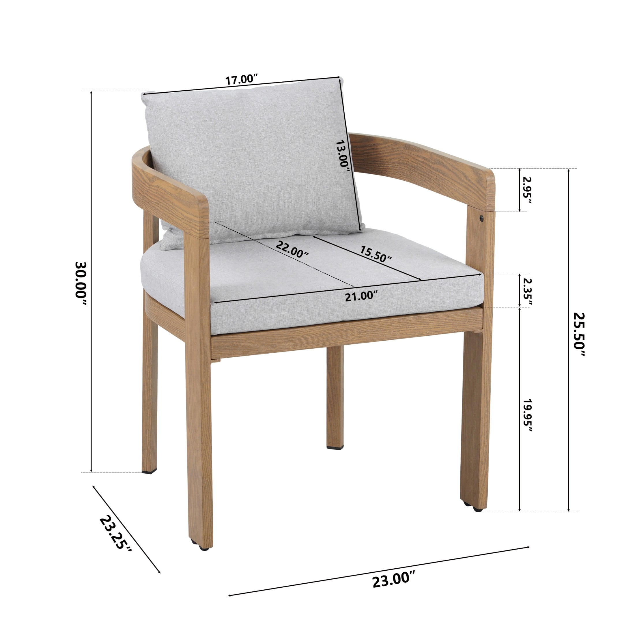 Calistae Outdoor Patio Dining Chairs, Aluminum, Teak + Light Grey, Set of 2