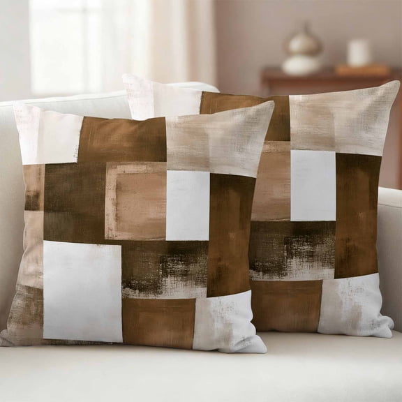 Pack of 2 Outdoor Pillow Covers 18x18 Inch Waterproof Brown Geometric Throw Pillow Covers,Decorative Couch Pillow Shams Protectors Vintage Oil Painting Contemporary Patio Pillowcases Cushion Covers